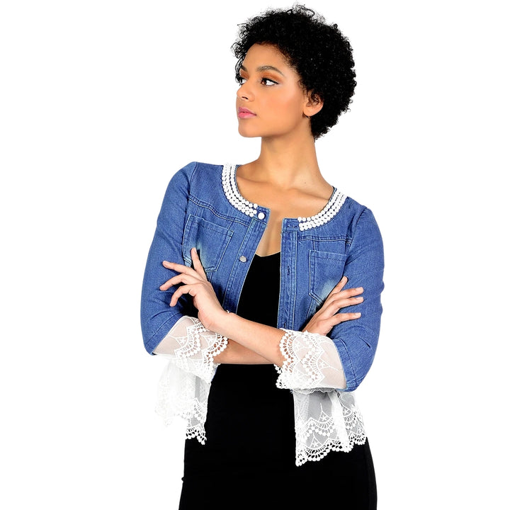 Jaqueta Jeans Com Renda e Pérolas
