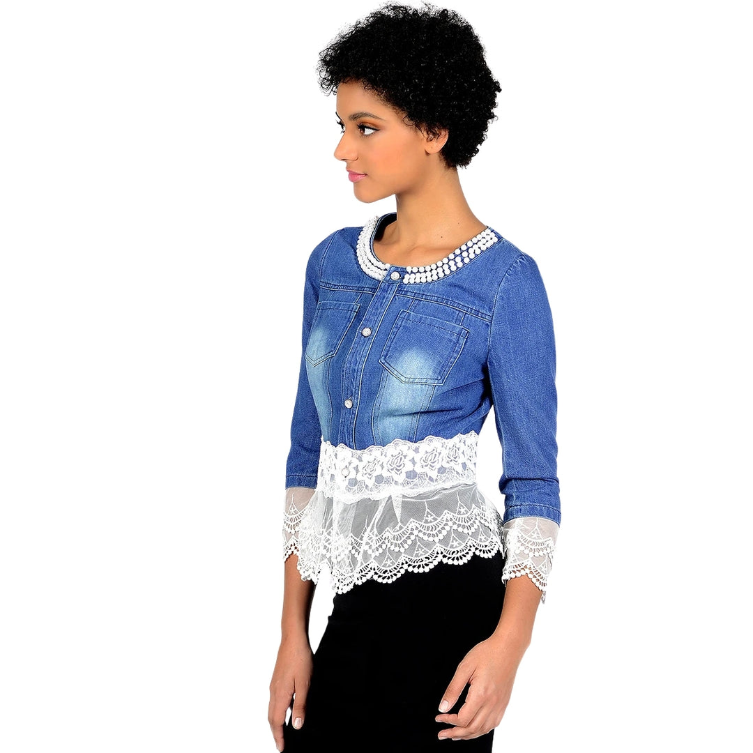 Jaqueta Jeans Com Renda e Pérolas