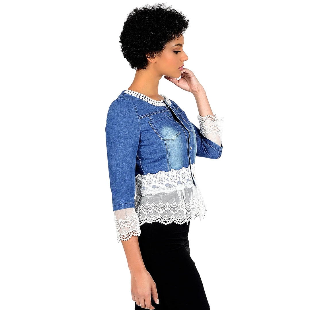 Jaqueta Jeans Com Renda e Pérolas