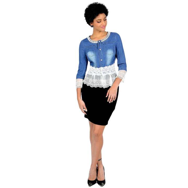 Jaqueta Jeans Com Renda e Pérolas