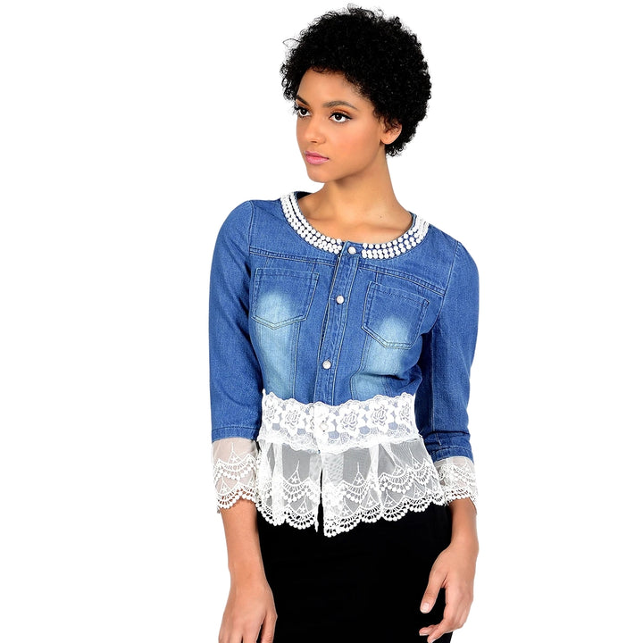 Jaqueta Jeans Com Renda e Pérolas