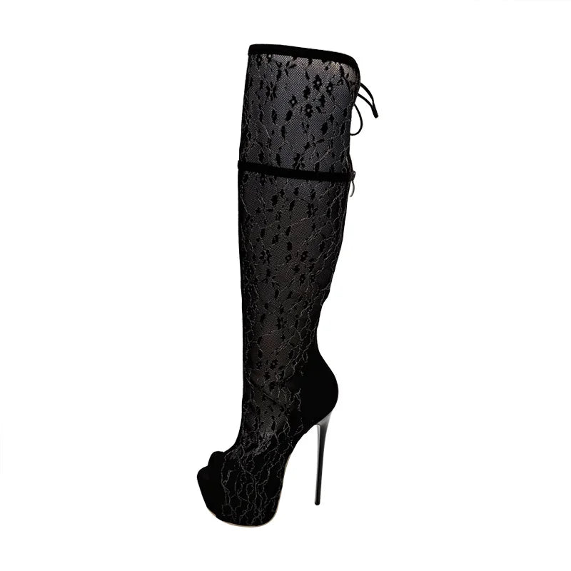 Bota Over The Knee Peep Toe Rendada Preta