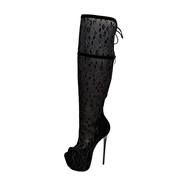 Bota Over The Knee Peep Toe Rendada Preta