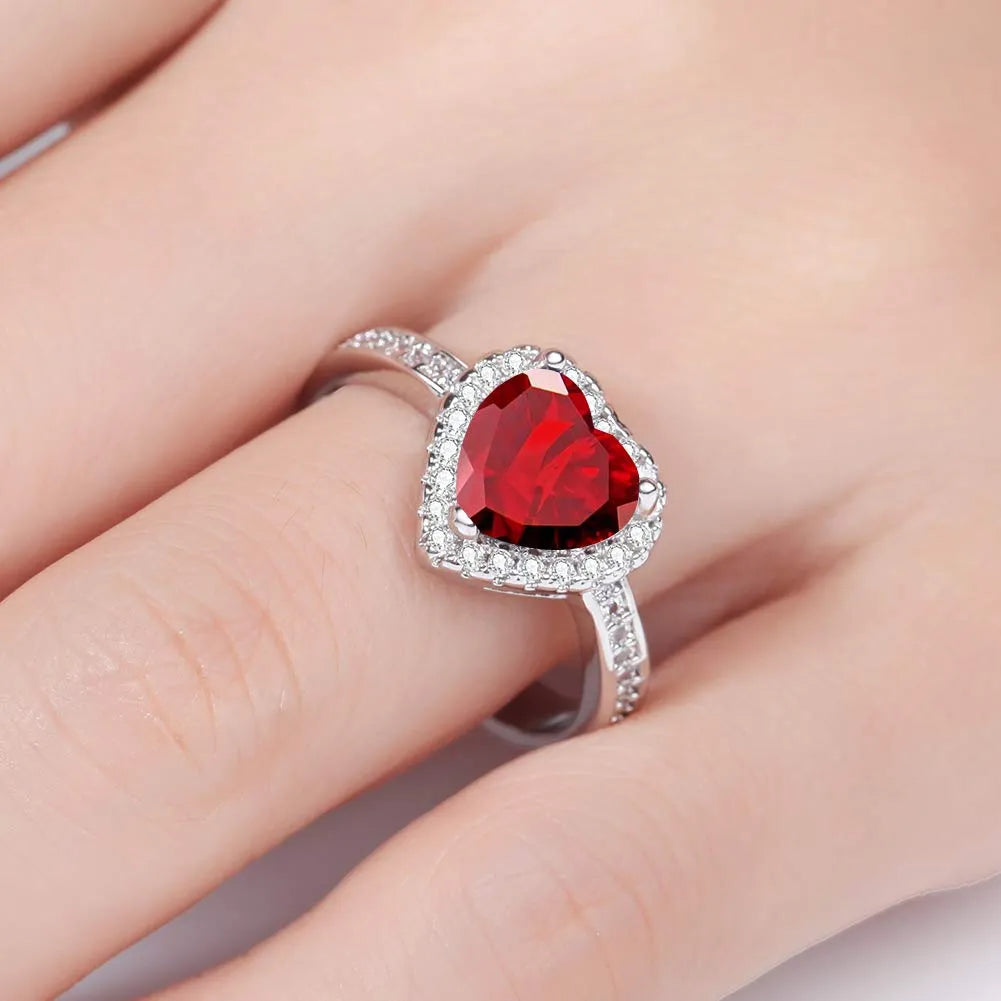 Anel Solitário Coração Vermelho Prata 925