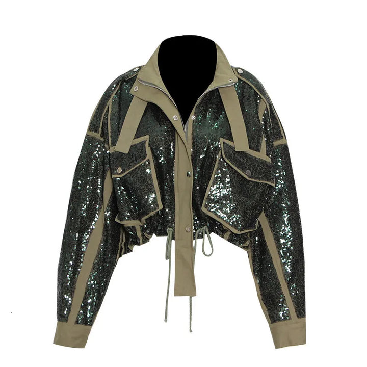 Jaqueta Cropped Militar Glam Com Paetês