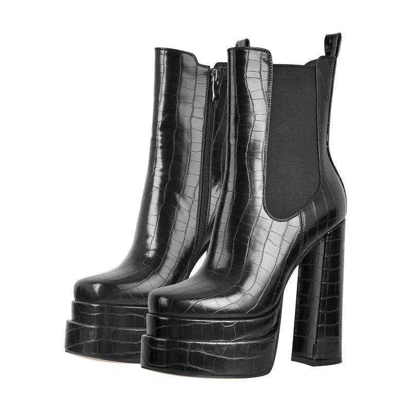 Bota Plataforma Salto Alto Croco Luxo