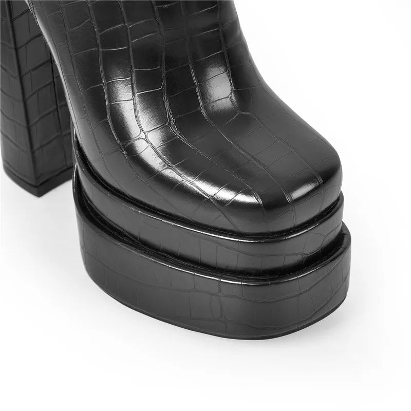 Bota Plataforma Salto Alto Croco Luxo