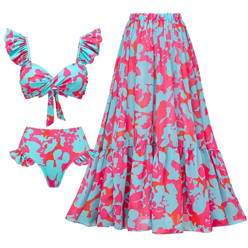 Biquíni Babado Azul Tropical Miami Estampado - Poderosa
