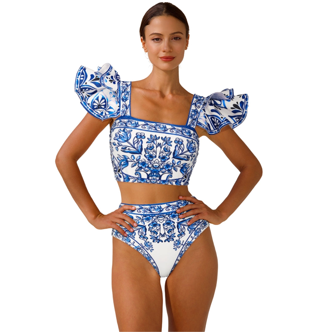 Biquíni Barroco Azulejo Com Babados Elegantes