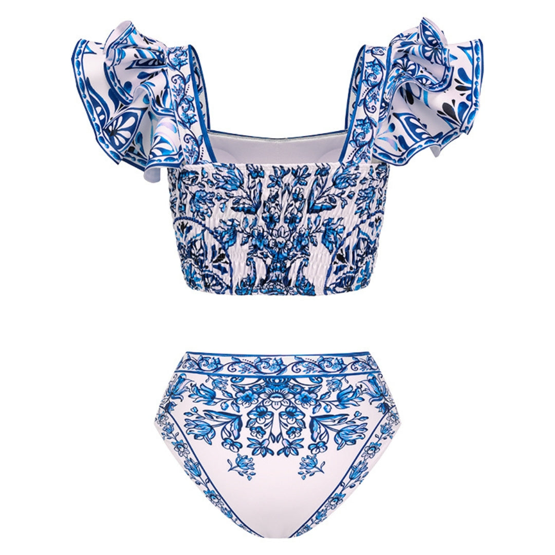 Biquíni Barroco Azulejo Com Babados Elegantes
