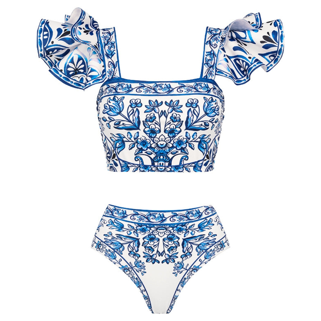 Biquíni Barroco Azulejo Com Babados Elegantes