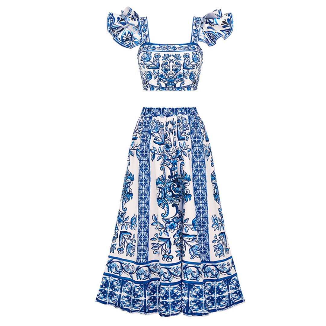 Biquíni Barroco Azulejo Com Babados Elegantes