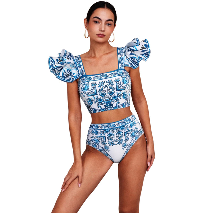 Biquíni Barroco Azulejo Com Babados Elegantes