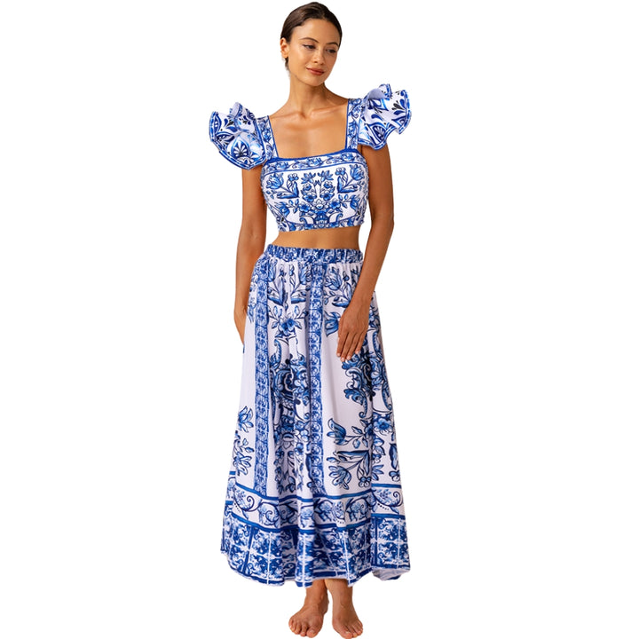 Biquíni Barroco Azulejo Com Babados Elegantes