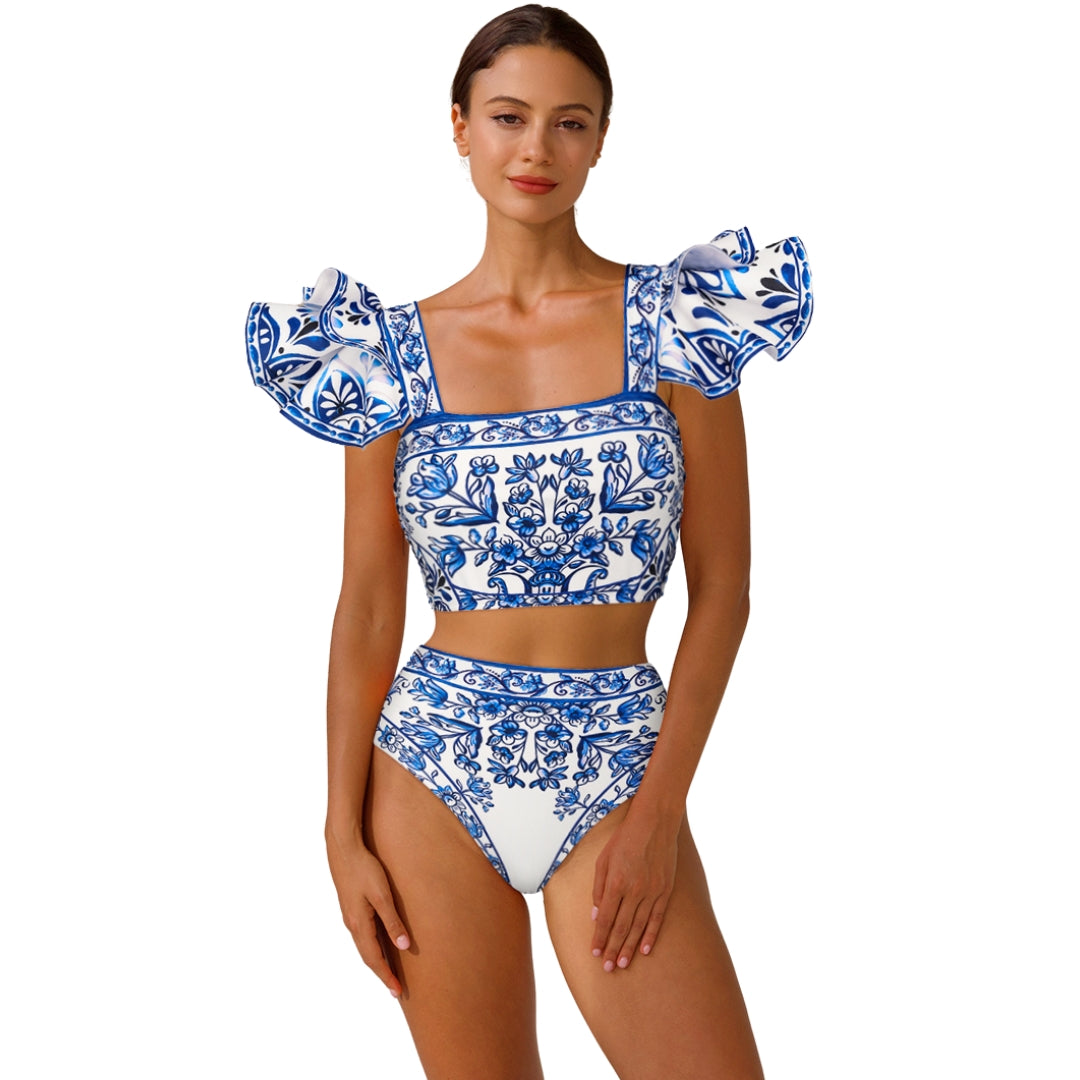 Biquíni Barroco Azulejo Com Babados Elegantes