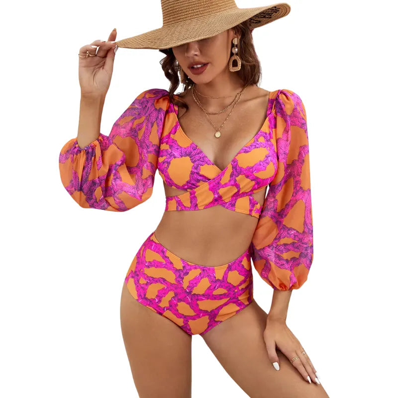 Biquíni Manga Longa Estampa Tropical