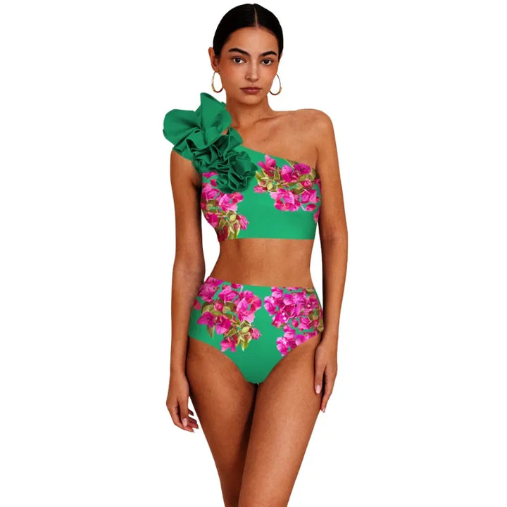 Biquíni Ombro Só Com Babado Floral Verde- Poderosa