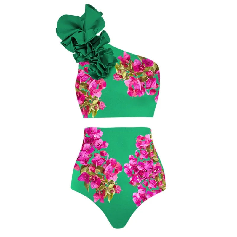 Biquíni Ombro Só Com Babado Floral Verde- Poderosa