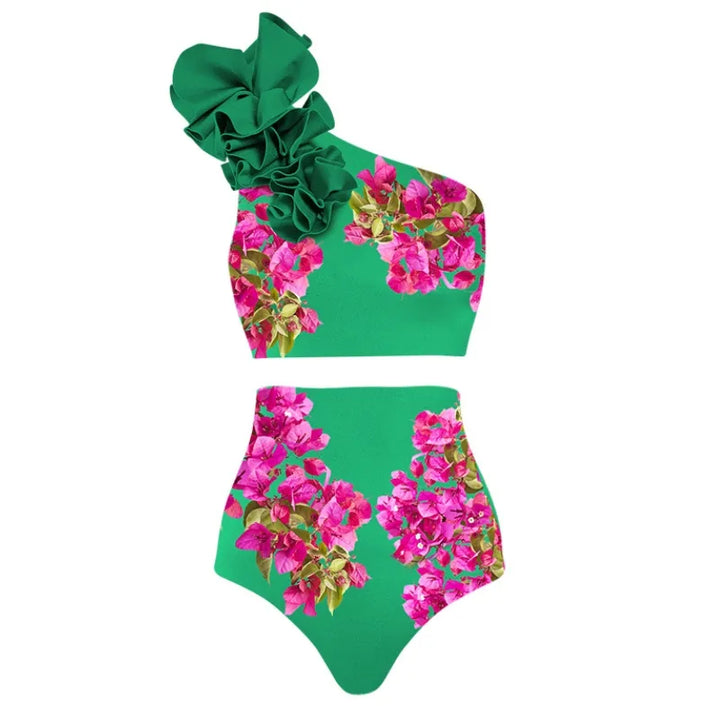 Biquíni Ombro Só Com Babado Floral Verde- Poderosa