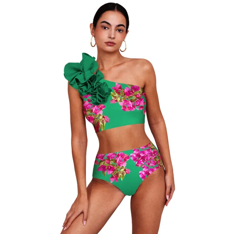 Biquíni Ombro Só Com Babado Floral Verde- Poderosa