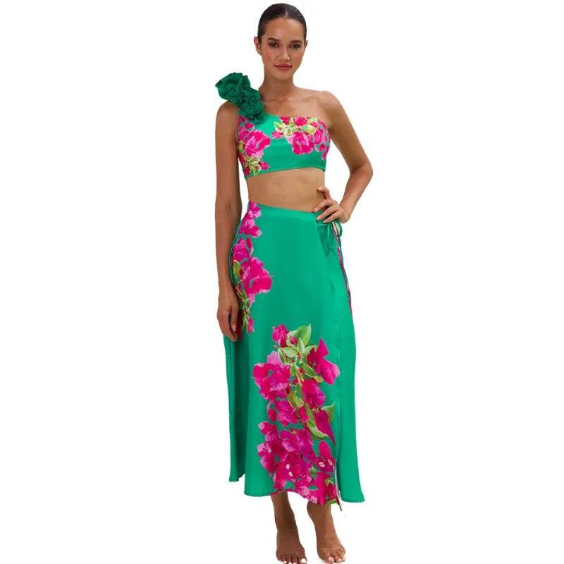 Biquíni Ombro Só Com Babado Floral Verde- Poderosa