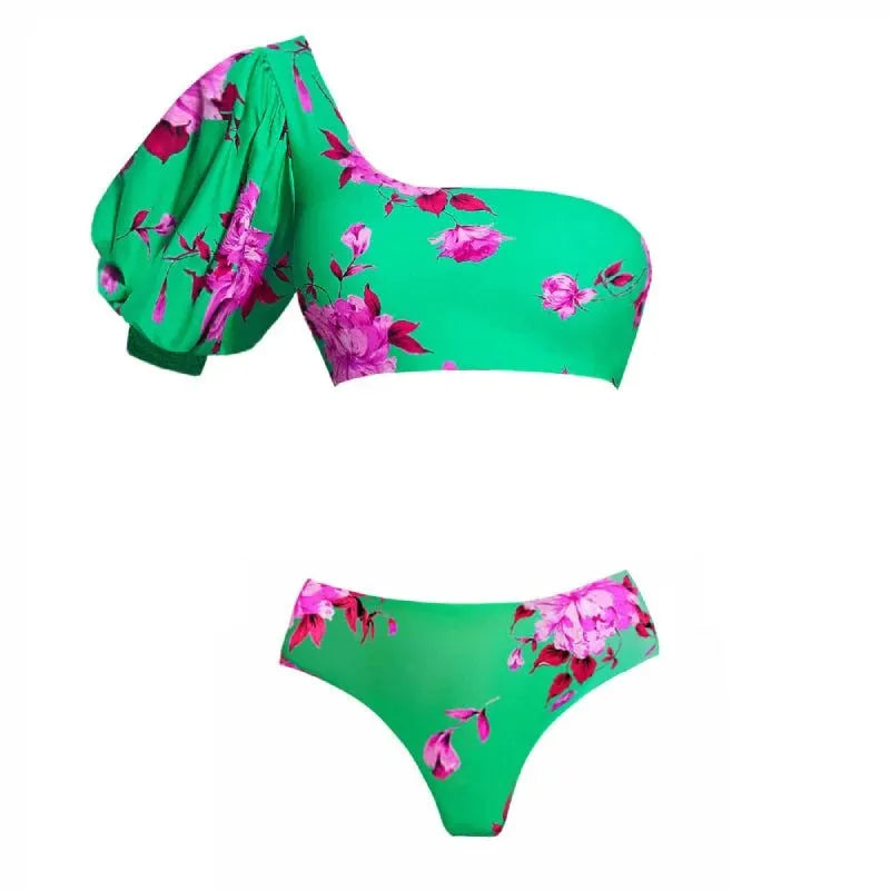Biquíni Ombro Único Floral Verde e Rosa - Poderosa