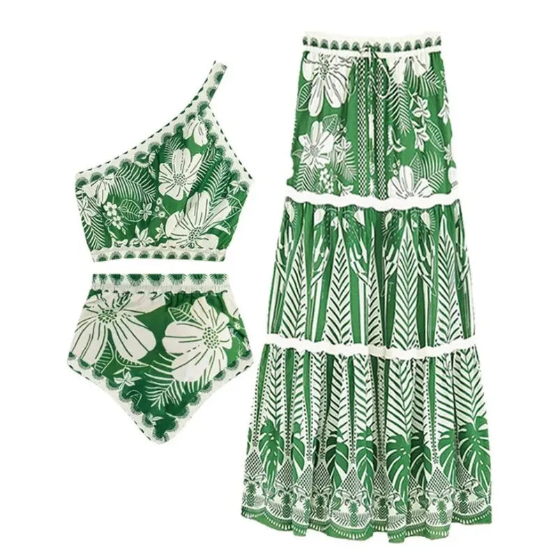 Conjunto Biquíni Ombro Único Tropical Folhagem Verde - Poderosa