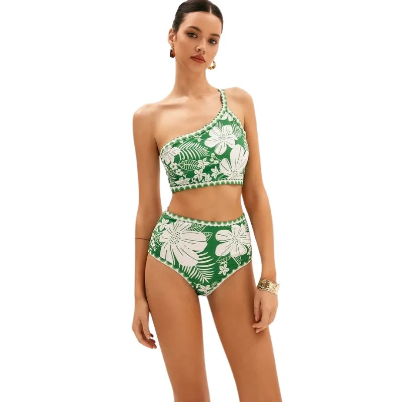 Conjunto Biquíni Ombro Único Tropical Folhagem Verde - Poderosa