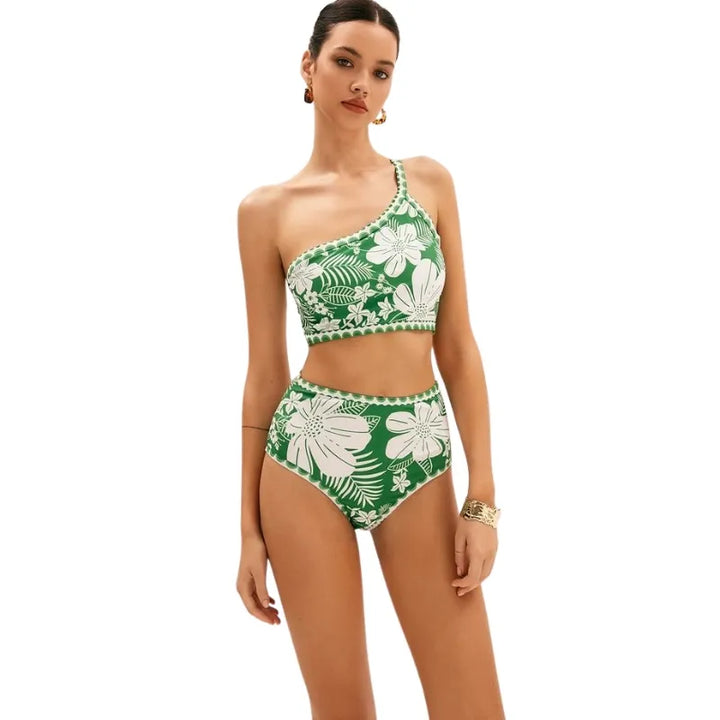Conjunto Biquíni Ombro Único Tropical Folhagem Verde - Poderosa