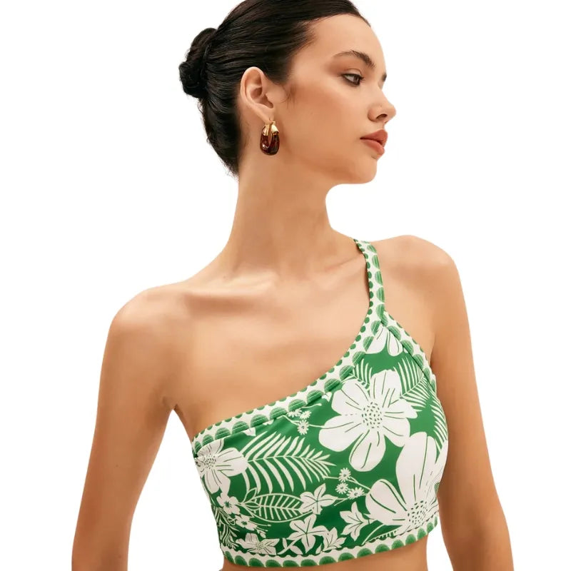 Conjunto Biquíni Ombro Único Tropical Folhagem Verde - Poderosa