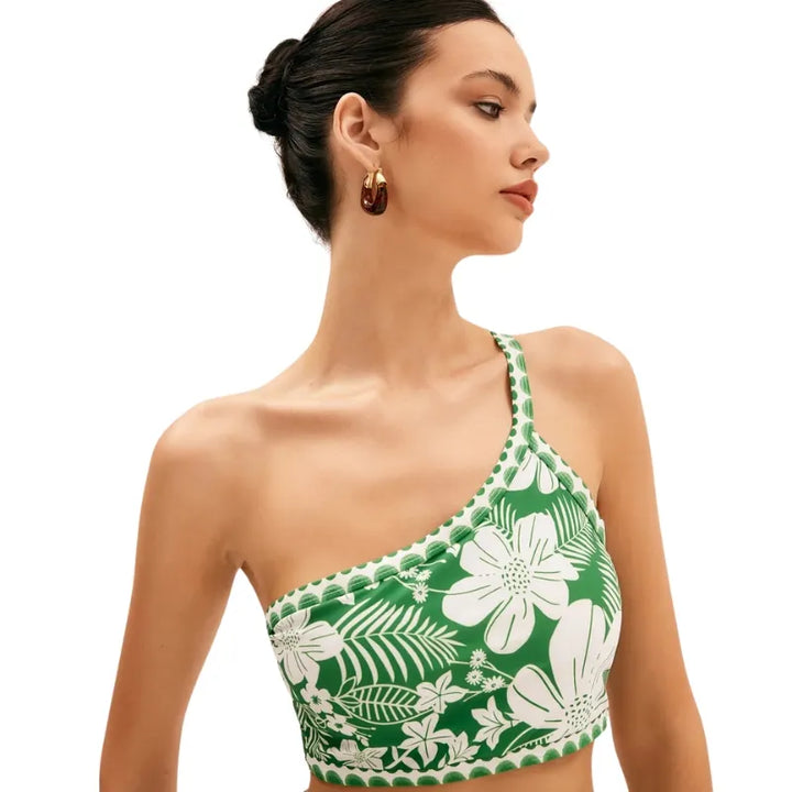 Conjunto Biquíni Ombro Único Tropical Folhagem Verde - Poderosa