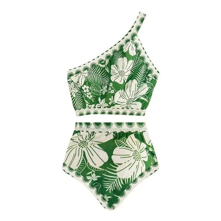 Conjunto Biquíni Ombro Único Tropical Folhagem Verde - Poderosa