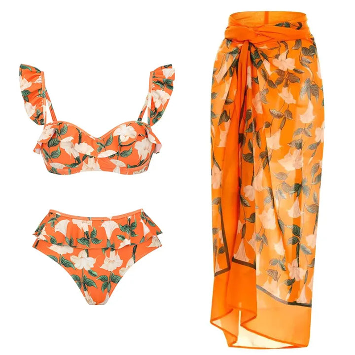 Biquíni Babado Floral Laranja Vibrante estapampado - Poderosa