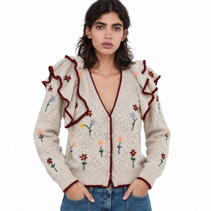 Cardigan Tricô Babado Floral