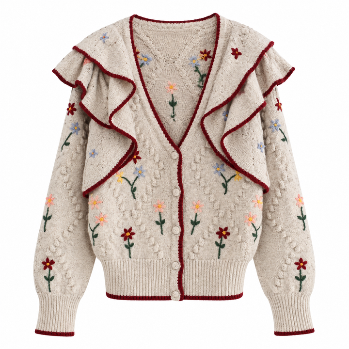 Cardigan Tricô Babado Floral