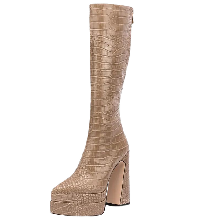 Bota Plataforma Cano Longo Croco Marrom Claro - Poderosa