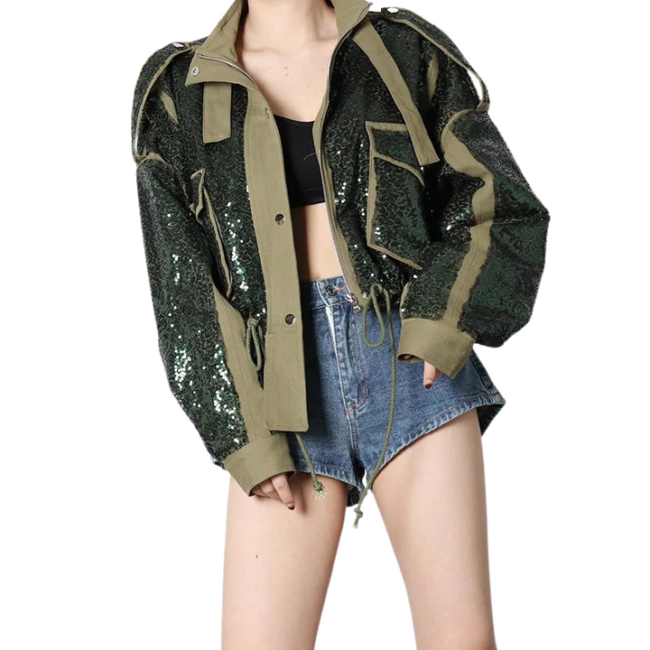 Jaqueta Cropped Militar Glam Com Paetês