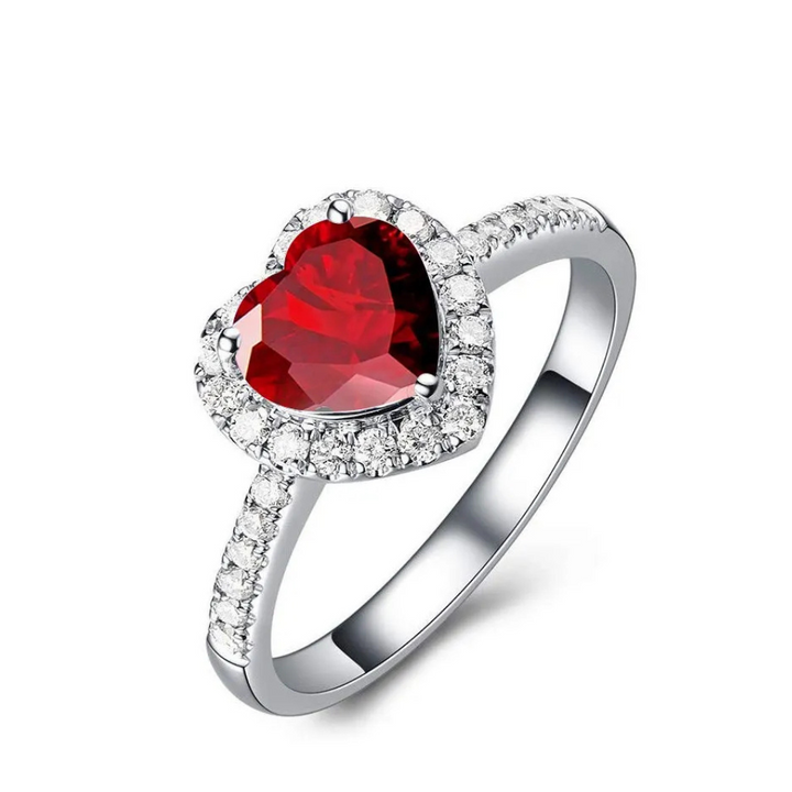 Anel Solitário Coração Vermelho Prata 925