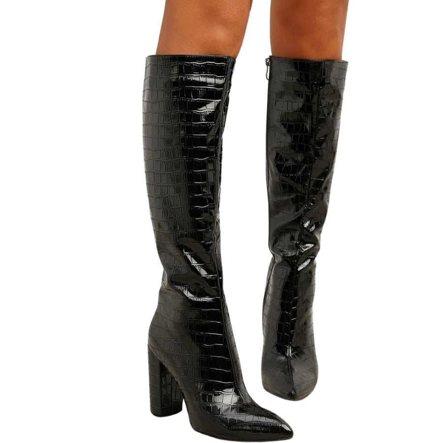 Bota Cano Longo Croco Salto Bloco Preta - Poderosa #cor_preto