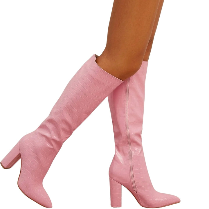 Bota Cano Longo Croco Salto Bloco Rosa - Poderosa #cor_rosa
