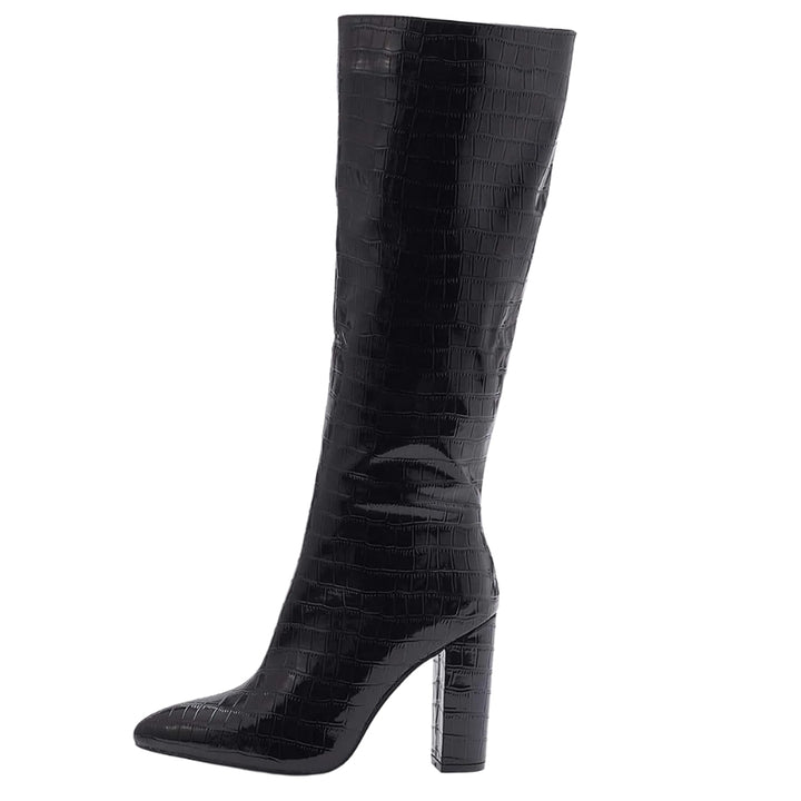 Bota Cano Longo Croco Salto Bloco Preta - Poderosa #cor_preto