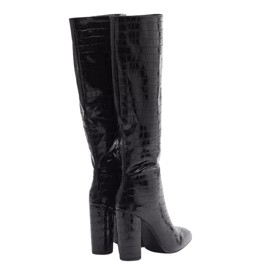 Bota Cano Longo Croco Salto Bloco Preta - Poderosa #cor_preto