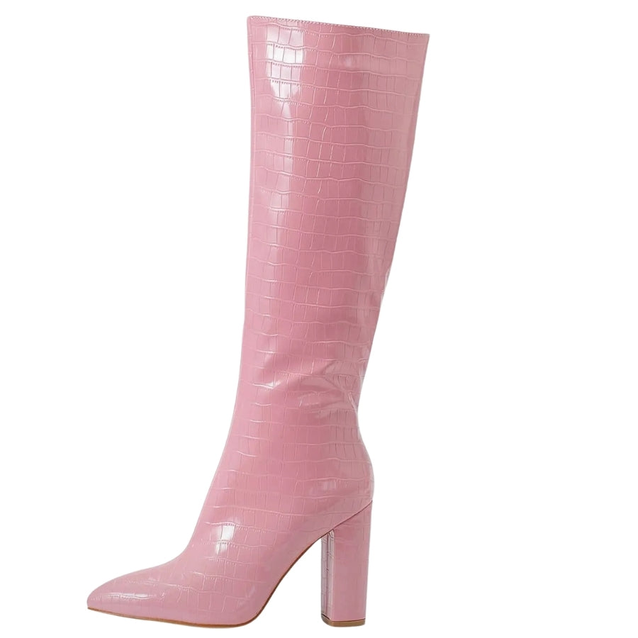 Bota Cano Longo Croco Salto Bloco Rosa - Poderosa #cor_rosa