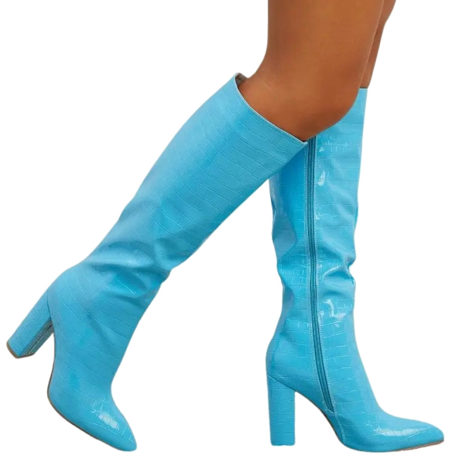 Bota Cano Longo Croco Salto Bloco Azul - Poderosa #cor_azul