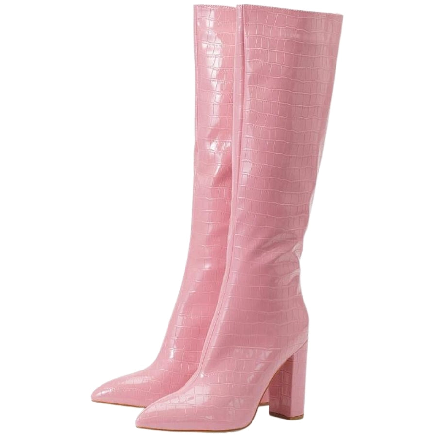 Bota Cano Longo Croco Salto Bloco Rosa - Poderosa #cor_rosa