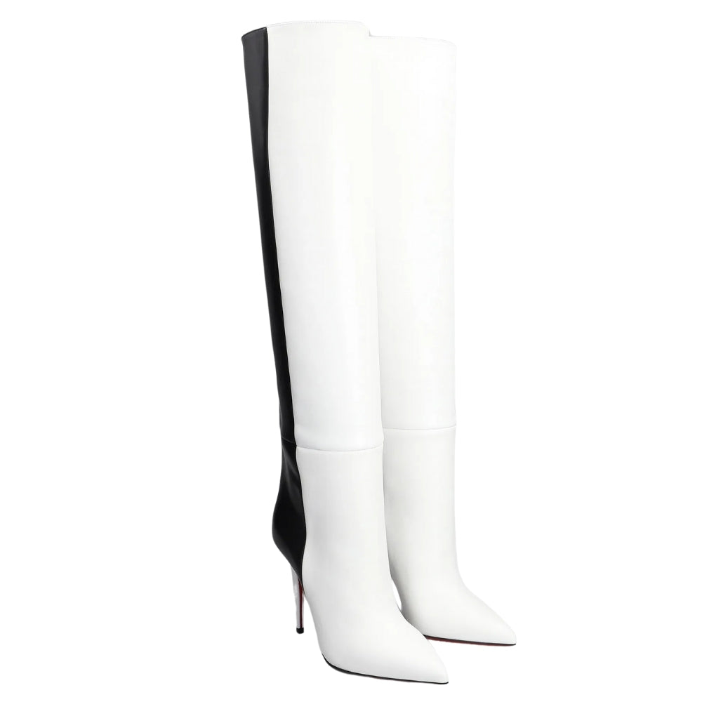 Bota Cano Alto Bicolor Salto Fino Luxo Preta e Branca - Poderosa