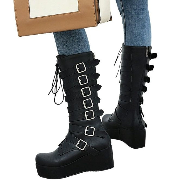 Bota Estilo Gótico Plataforma Com Fivelas