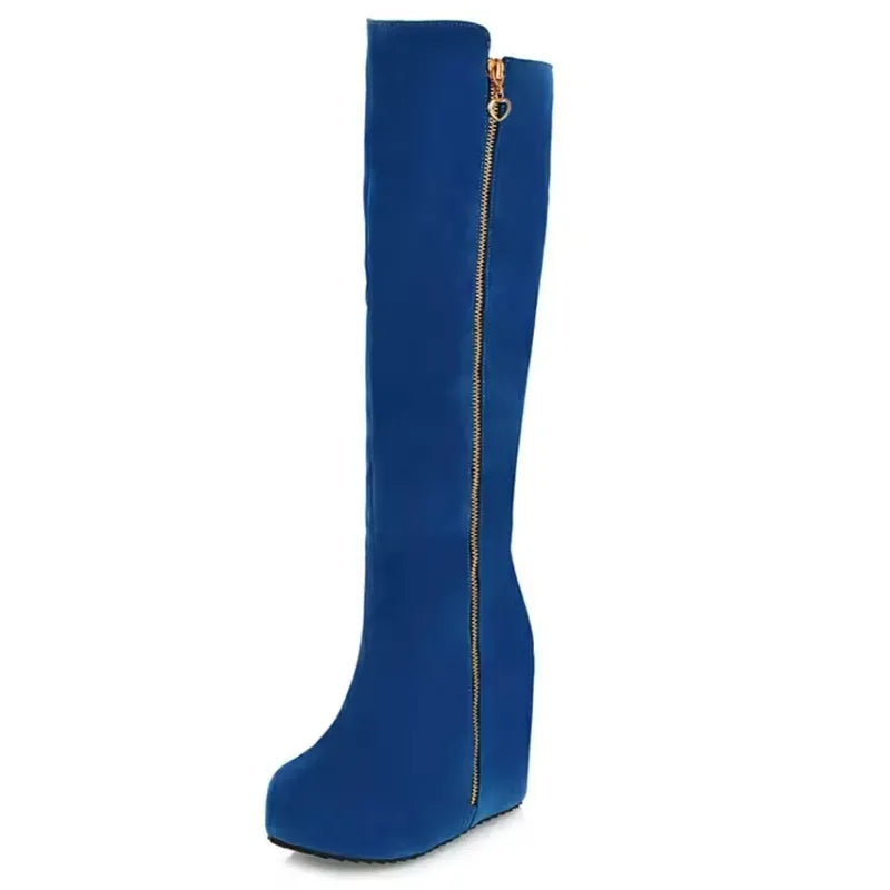 Bota Cano Longo Salto Anabela Com Zíper Lateral