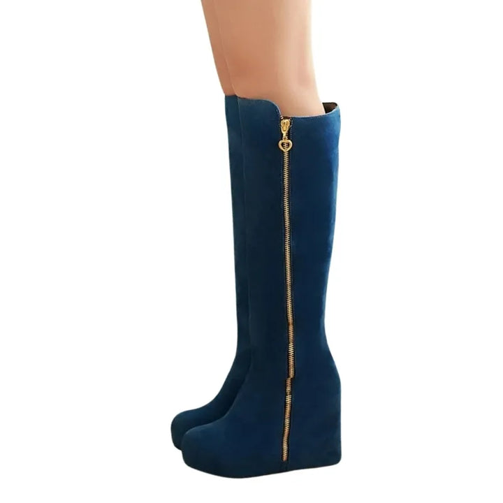 Bota Cano Longo Salto Anabela Com Zíper Lateral