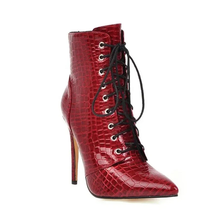 Ankle Boot Croco Salto Fino Com Amarração